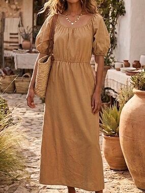 Rita Row Puff Sleeve Midi Dress in Camel Size Medium